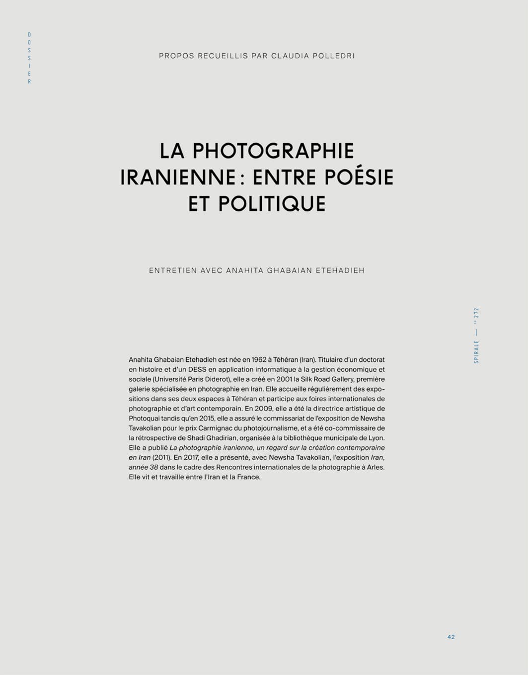 SPIRALE MAGAZINE: INTERVIEW WITH ANAHITA GHABAIAN ETEHADIEH BY CLAUDIA POLLEDRI